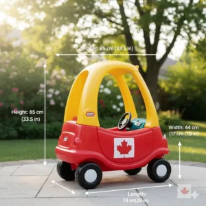 Technical drawing showing the height and width dimensions in centimeters for the Little Tikes Cozy Coupe Canada model.