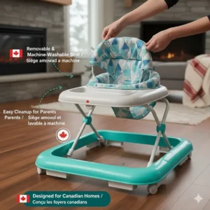 Illustration showing a removable and machine-washable padded seat cover for a low-cost baby walker, emphasizing easy cleanup for Canadian parents.
