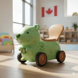 Canadian-made eco-friendly ride on toy made from recycled materials, highlighting sustainability and educational play.