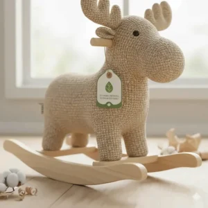 Illustration depicting sustainable wood and recycled plush fabrics used in soft ride on animals for babies.