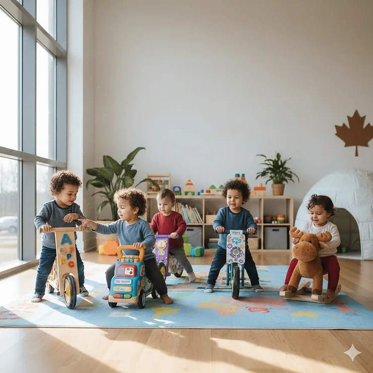 A diverse group of Canadian toddlers playing with educational ride on toys in a bright, modern indoor playroom.