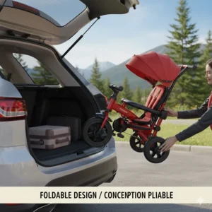 A 3 in 1 tricycle for toddlers in a compact folded position being loaded into a car trunk for a family trip.