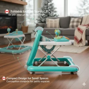 A compact, foldable baby walker under $50 shown in a collapsed position for easy storage in small Canadian closets or under furniture.