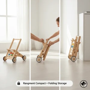 Illustration of a space-saving, foldable baby walker ideal for modern Canadian condos and apartments.