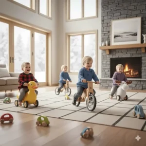 Illustration of indoor active play with toddler ride-on toys, ideal for cold Canadian winters.