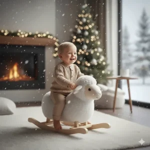 Illustration of a baby playing indoors during a Canadian winter with a soft ride-on sheep on a nursery rug.