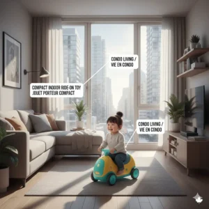 Compact indoor ride on toys designed for condo living in Toronto or Vancouver; jouets porteurs pour petits espaces.