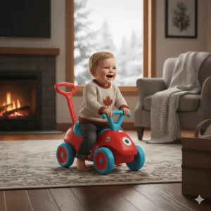 A baby using a colorful push-and-ride toy on a rug inside a Canadian home, perfect for active indoor play during winter months.