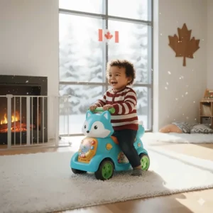 Illustration of a child using an educational ride on toy indoors, ideal for active play during Canadian winters.