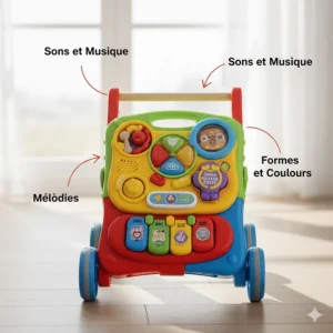 Close-up of sensory toys and musical buttons on a baby push walker, labeled in English and French.