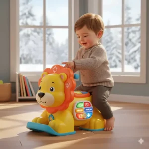An interactive electronic lion ride-on toy for toddlers with buttons featuring both English and French Canadian language settings.