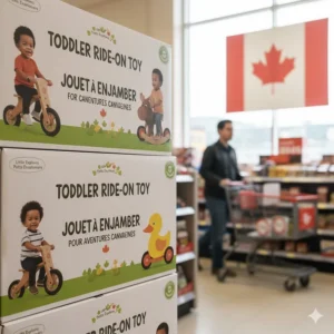 Toddler ride-on toys with bilingual English and French packaging for the Canadian market.