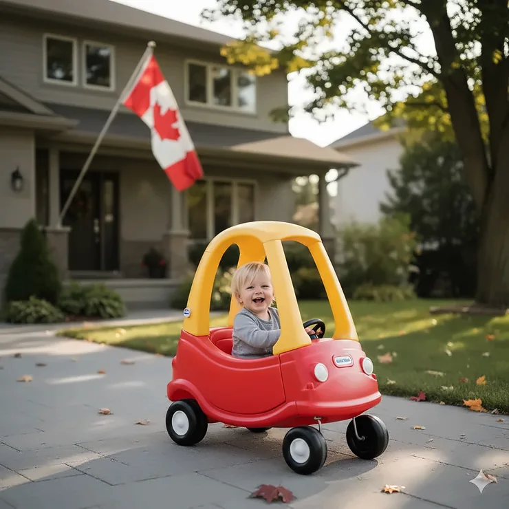 A happy toddler driving a Little Tikes Cozy Coupe in a Canadian suburban driveway with a maple leaf flag in the background.