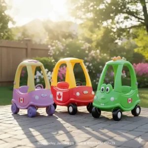 A variety of Little Tikes ride-on toys including the Dino and Fairy Cozy Coupe models popular in Canada.