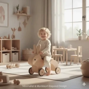 Minimalist Montessori-style baby ride on for indoor use, ideal for Canadian nursery playrooms (jouet à chevaucher).