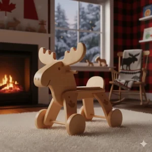 A whimsical moose-shaped ride-on toy for toddlers, reflecting Canadian wildlife themes.
