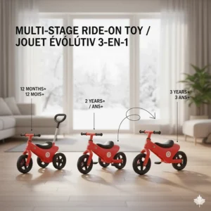 Diagram of a 3-in-1 indoor ride on toy that grows with your child from 12 months to 3 years.