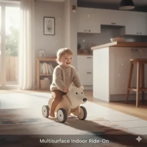 Versatile baby ride on for indoor use moving smoothly from carpeted bedrooms to tiled kitchen areas.