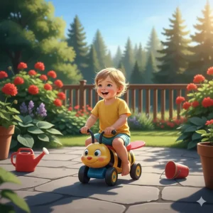 A colorful bumblebee wheeled ride-on toy for toddlers being used on a paved Canadian patio during summer.