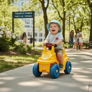 A baby enjoying a ride-on toy car at a park in Toronto; durable wheels designed for Canadian sidewalks and pathways.