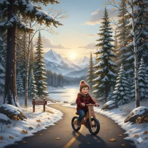 A toddler riding a wooden balance bike on a paved path in a scenic Canadian provincial park.