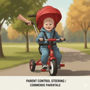 Illustration of the adjustable parent steering handle on a 3 in 1 tricycle for toddlers for easy sidewalk navigation.