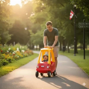 A father using the parent-push roof handle on a Little Tikes Cozy Coupe while walking on a paved park trail.