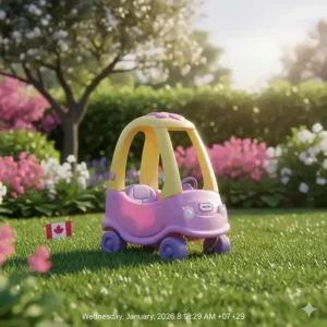 The pink Little Tikes Fairy Cozy Coupe for kids on a green lawn in a Canadian backyard.