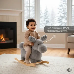 Soft plush moose rocker for active indoor play during Canadian winter; bascule peluche pour enfants.