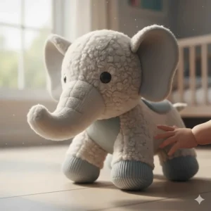 Close-up illustration of soft-to-the-touch fabric textures on a ride-on elephant for sensory development in babies.