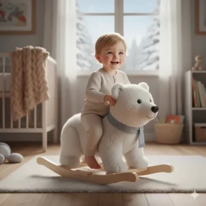 A white polar bear rocking animal ride-on toy for toddlers, perfect for a North American nursery theme.