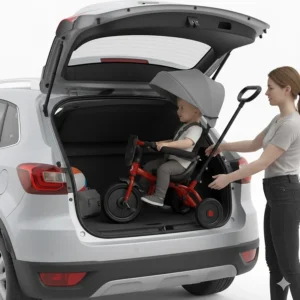 Illustration showing a foldable tricycle with push handle being tucked into the trunk of a compact car.