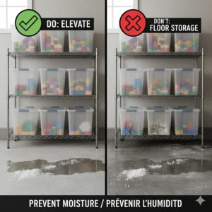 Illustration showing baby toys stored on shelving units to avoid moisture and salt from Canadian garage floors in winter.
