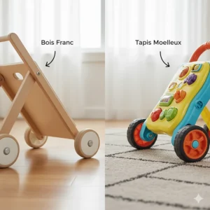 Illustration showing how different walker wheels perform on Canadian hardwood floors versus area rugs.