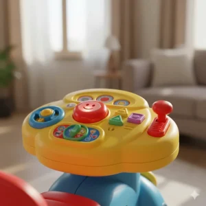 Detailed view of the interactive dashboard on a ride on toy for babies 6-18 months featuring buttons, lights, and sounds.