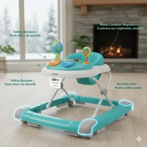 Illustration of a budget-friendly baby walker highlighting safety bumpers and non-slip pads, meeting Canadian safety standards for toddlers.