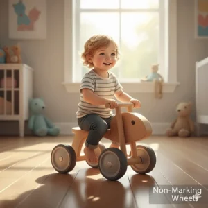 Illustration of a baby ride on for indoor use featuring non-marking rubber wheels safe for Canadian hardwood flooring.