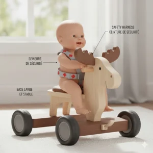 Close-up illustration of a safety harness and stable base on ride on toys for babies 6-18 months to ensure toddler security.