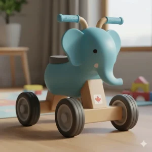 Close-up illustration showing the sturdy base and non-slip handles of an animal ride-on toy designed for toddler safety.
