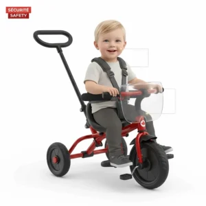 Illustration of a tricycle with push handle featuring a 3-point safety harness and wrap-around guardrail for Canadian safety standards.