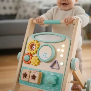 Close-up of safety rails and sturdy base on a rocking horse for baby, meeting Canadian safety standards.