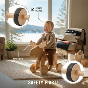 Safety diagram of indoor ride on toys for babies showing sturdy wheels and non-slip grips for Canadian hardwood floors.