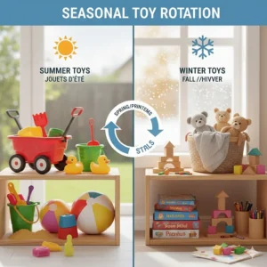 A diagram showing a seasonal toy rotation strategy for storing summer baby toys during a Canadian winter.