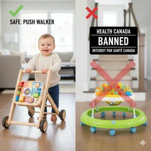 Comparison of a legal sit to stand push walker and a banned traditional seated baby walker under Health Canada regulations.