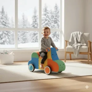 Colorful illustration of soft-foam indoor ride on toys for babies designed for safe play in apartments or condos.