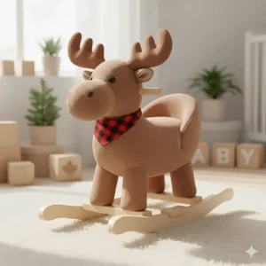 A cute, soft ride on animal for babies designed as a Canadian moose with plush antlers and a wooden base.