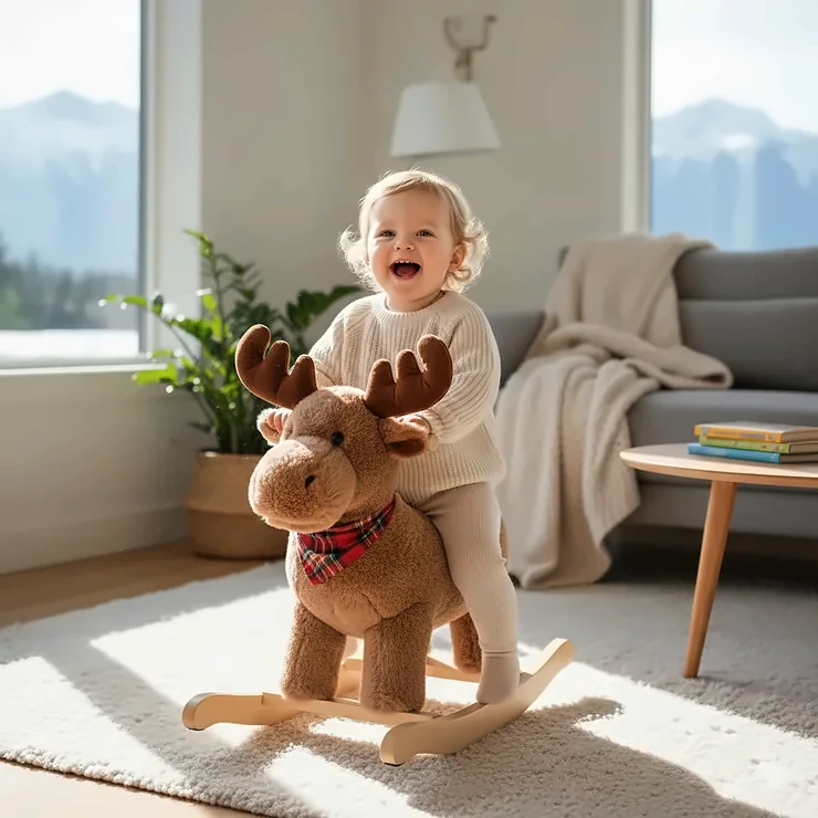 A happy toddler riding a plush moose rocker in a cozy Vancouver living room, showcasing soft ride on animals for babies. soft ride on animals for babies