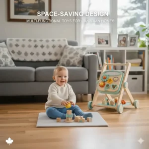 Multi-functional baby toys like a sit to stand walker that save space in smaller Canadian homes or urban apartments.