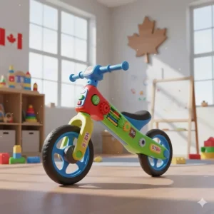 Colorful illustration of a balance bike designed with STEM elements to teach Canadian children basic physics and coordination.