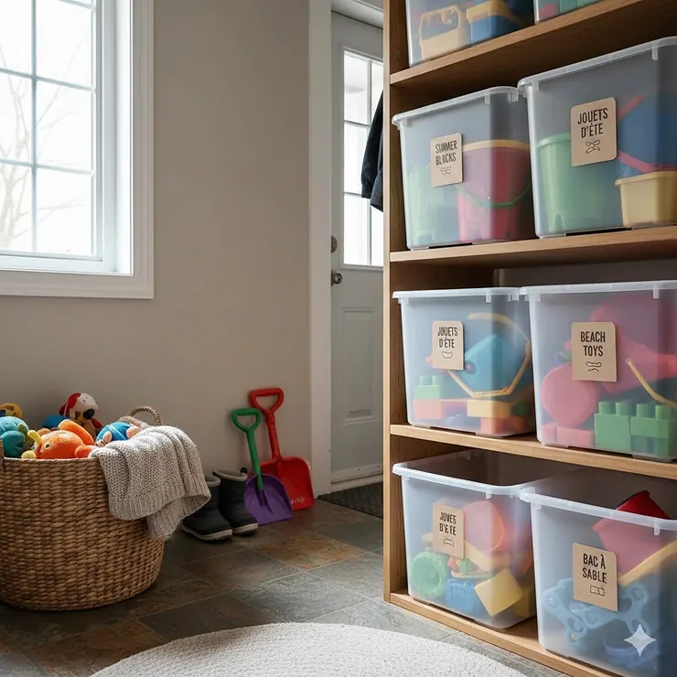 A well-organized Canadian home mudroom featuring labeled bins for storing baby toys during winter months.